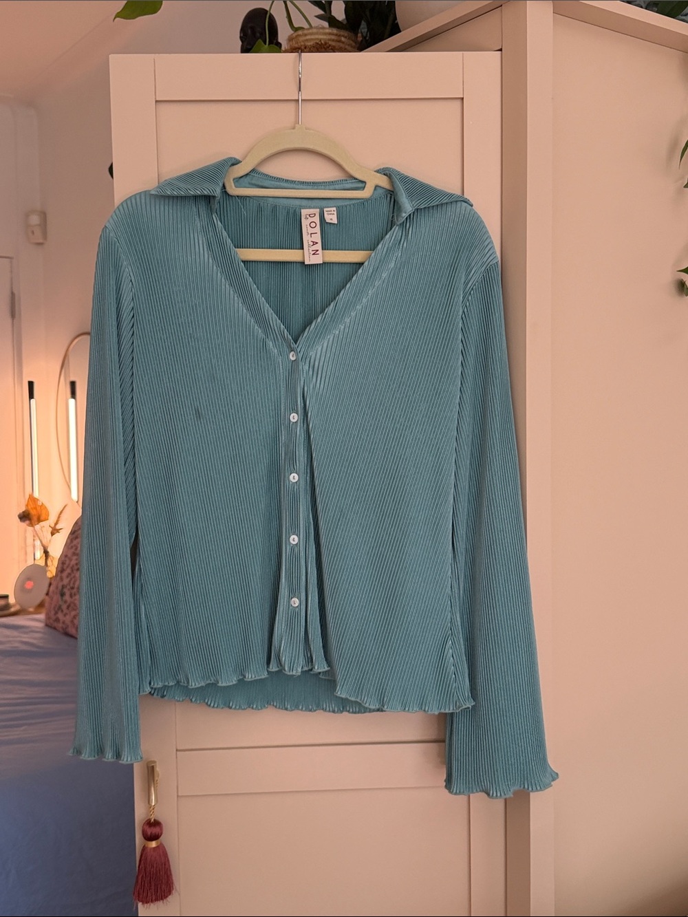 dolan Light Blue Ribbed Button-Down Shirt with Ruffle Trim - Picture 1 of 7